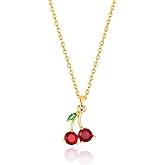 RLHRNDE Red Crystal Cherry Pendant Necklace for Women Sweet Shining 14K Gold Plated Personalized Necklace Cute Summer Tropical Green Leaf Fruit Jewelry Gifts