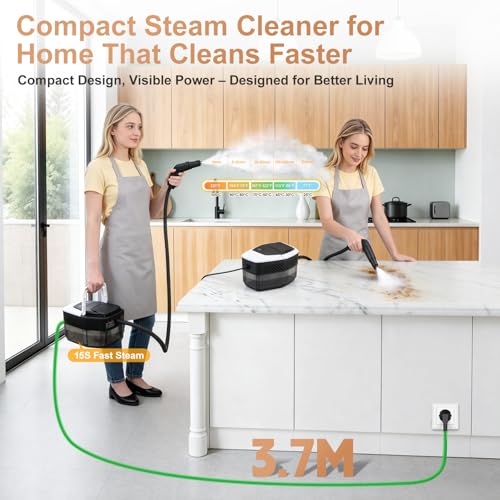 Steam Cleaner,Handheld Steam Cleaner 1500W Low Pressure, 15s Fast Heating, 1.8L Water Tank, with 12 Accessories for Home, Kitchen & Car Cleaning,White（Hold 3s to start）