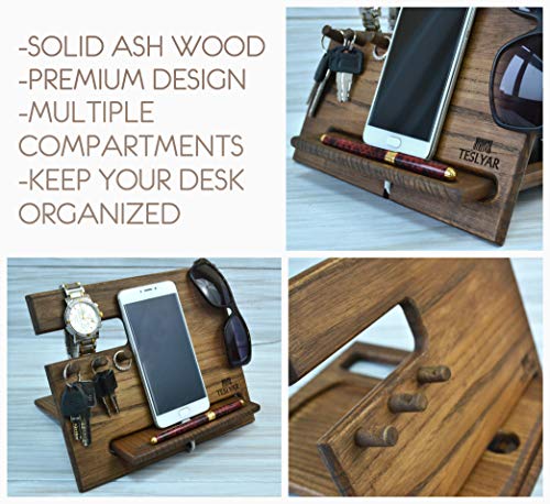 Wood Phone Docking Station Ash Chocolate Hooks Key Holder Wallet Stand Watch Organizer Men Gift Husband Wife Anniversary Dad Birthday Nightstand Purse Tablet Father Graduation Male Travel Idea Gadgets - Thumbnail 3