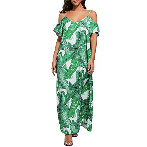 Mysky Summer Women Casual Leaf Print Short Sleeve Long Dress Ladies Popular Off The Shoulder Beach Sling Loose Dress Green