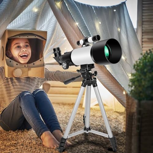 Télescope pour Adultes débutants, Ouverture 70 mm 400 mm AZ Mount Full Multi-Couches Réfracteur Optique Portable Télescope de Voyage avec trépied Adaptateur téléphone (White)