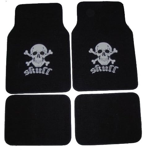 A Set Of 4 Universal Fit Plush Carpet Floor Mats For Cars Truck Skull And Cross Bone Silver
