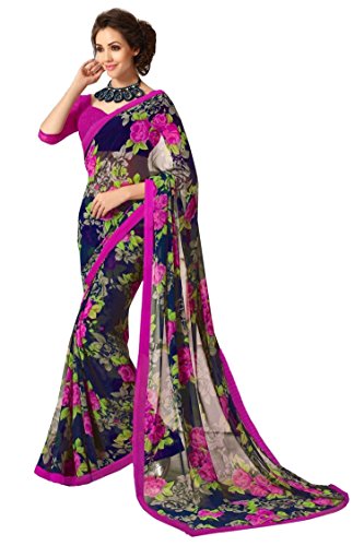 Jaanvi Fashion Blue Printed Chiffon Saree