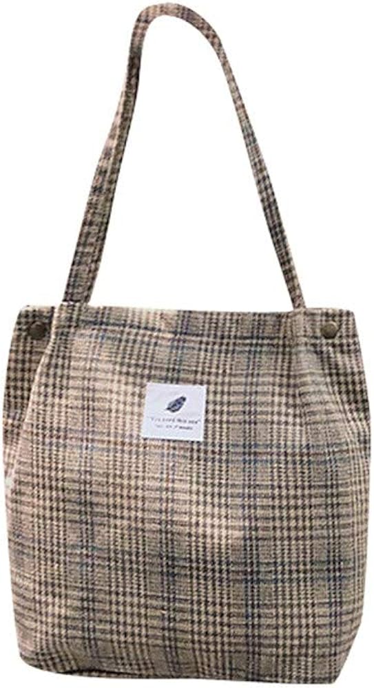 LEKODE Women Canvas Shoulder Bag Fashion Plaid Handbag Zipper Tote Bag