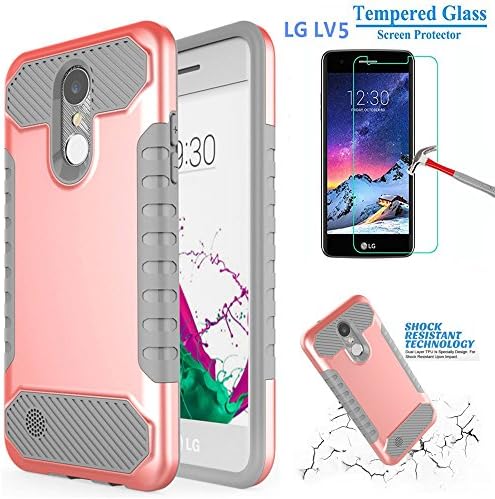LG K10 (2017) Case, LG K20 Plus Case, LG LV5 Case, L00KLY [Slim Fit] Dual Layer Hybrid Shockproof Armor [Hard PC Back Cover+TPU Bumper] Case Cover with Tempered Glass Screen Protector (Gray/Rose Gold)