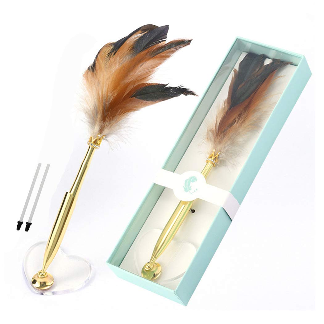 SIPLIV Feather Pen Rollerball Pen with Heart-shape Decorative Base Holder Black Ink Ballpoint Quill Pen Add an Elegant Touch to Weddings, Opening, Special Events and More, Brown