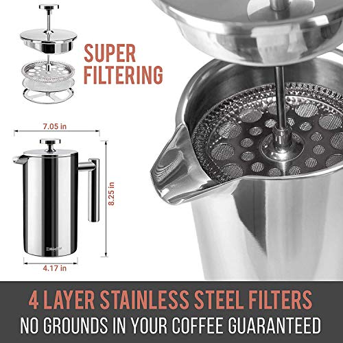 Mueller French Press 20% Heavier Duty Double Insulated 310 Stainless Steel Coffee Maker Multi-Screen System 100% No Coffee Grounds Guarantee, Rust-Free, Dishwasher Safe Mueller French Press 20% Heavier Duty Double Insulated 310 Stainless Steel Coffee Maker Multi-Screen System 100% No Coffee Grounds Guarantee, Rust-Free, Dishwasher Safe