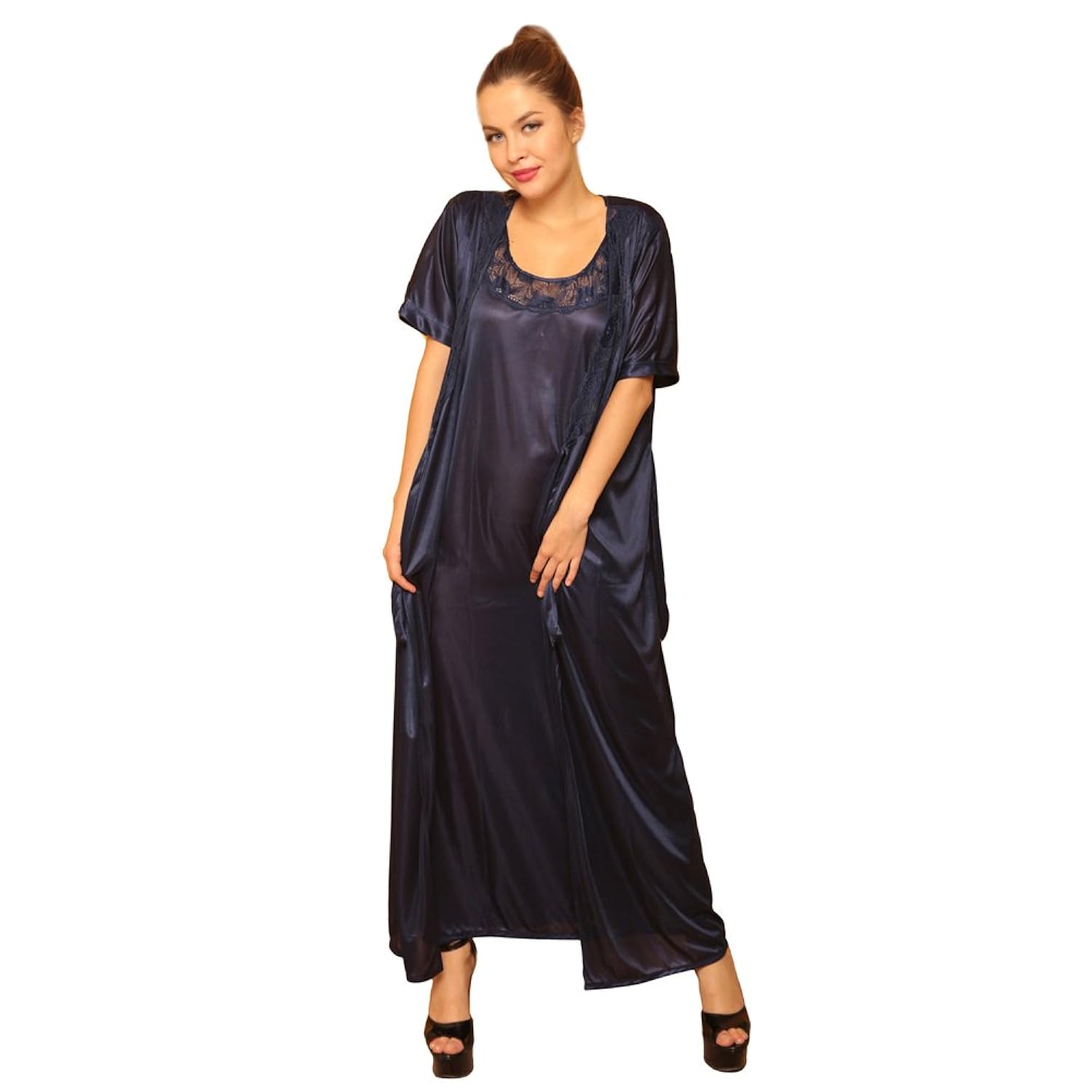 clovia women's 4 pcs satin nightwear in navy - robe, nightie, top, capri