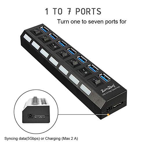 USB HUB 3.0 Splitter for Ps4,2win2buy 7 Port USB Data Hub with Power Adapter and Charging Port,Individual On Off Switches & Lights for Laptop PC Computer Mac Playstation 4 Slim Pro Flash Drive