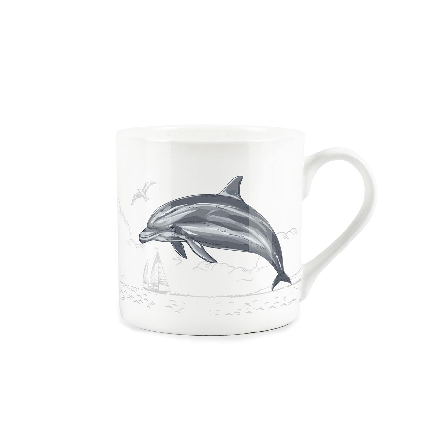 Purely Home Coastal Animals Dolphin Seaside Themed Mug - Fine Bone China White Coffee/Tea Present Gift