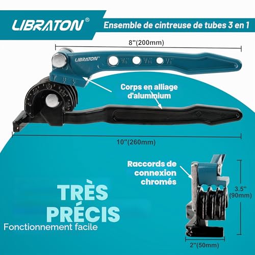 LIBRATON Pipe Bending Machine, Copper Pipe Bender, 180 Degree Bending Tool, 3 in 1 Manual Bending Machine 1/4", 5/16", 3/8", with Tube Cutter, Deburring Tool, for Brass, Aluminum Tube
