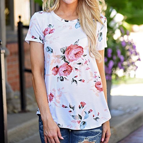YANG-YI Women Short Sleeve Flower Printed Blouse Round Neck Casual T-Shirt (M)