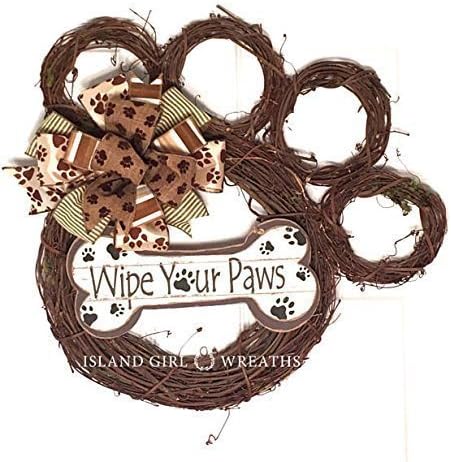 Grapevine Dog Wreath, Rustic Dog Wreath, Wipe Your Paw Wreath, Dog Wreath, Paw Shape Wreath, Paw Print Ribbon, Dog Wreath