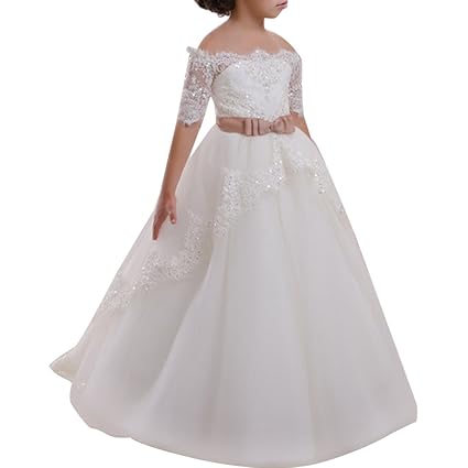 Blumenmädchen Festkleider Kleid Lang Brautjungfern Hochzeit Festlich Kleidung Festzug Appliques Pailletten Spitze Tüll Erste 