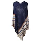 SherryDC Women's V-neck Knit Colorful Striped Tassel Hem Pullover Poncho Sweater Shawl