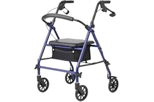 Caring 4-Wheel Rollator Walker for Seniors – Blue Rolling Walker with Seat, Hand Brakes & Storage – Heavy Duty Frame Supports 350 lbs – Foldable Mobility Aid