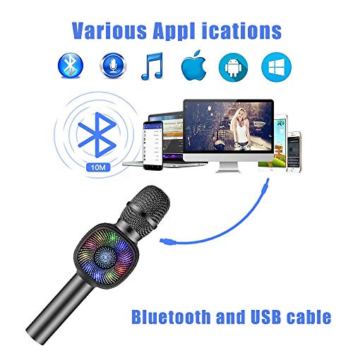 Bluetooth Karaoke microphone, Portable Karaoke Player Speaker For Apple Android Smartphone Or PC, with Flash LED Color-Light Home KTV Outdoor Party Music Playing Singing Anytime(Grey-black)