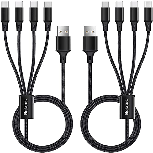 2Pack 6FT Multi Charging Cable, Bolatus 4 in 1 Multiple Charger Cable Nylon Braided Universal USB Cord with Type C/Micro USB Connector Compatible for Phone -Black
