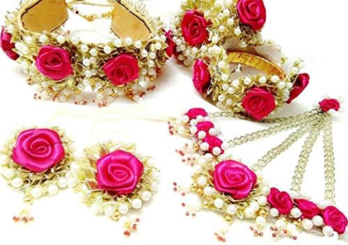 QUVYARTS Floret Pink Rose Flower Gota Patti Jewellery Set, Non-Precious Metal with 1 Choker, Earrings, 2 Bracelets and Jhumar (6 Items) for Women