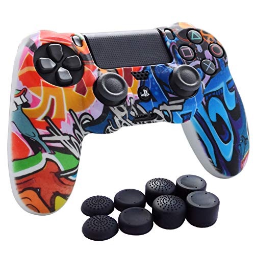 PS4 Controller Grip,Hikfly Skin Silicone Gel Controller Cover Case Protector Compatible for PS4/PS4 Slim/PS4 Pro Controller (1x Controller cover with 8 x FPS Pro Thumb Grip Caps)(Octopus)