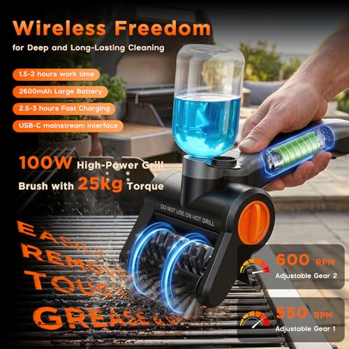 Cepillo Eléctrico para Parrilla 100W con Botella Rociadora – Recargable 7,4V, 2 Velocidades, 90 Min de Autonomía, IPX8 Impermeable – Limpiador Parrilla Barbacoa Eléctrico con Caja de Herramientas