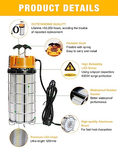 JC-LGL LED Temporary Work Light 250W, Construction Lights 5000K 30,000lm Outdoor Job Site Lighting 10ft Cord IP65 Dust Waterproof Hanging Lighting