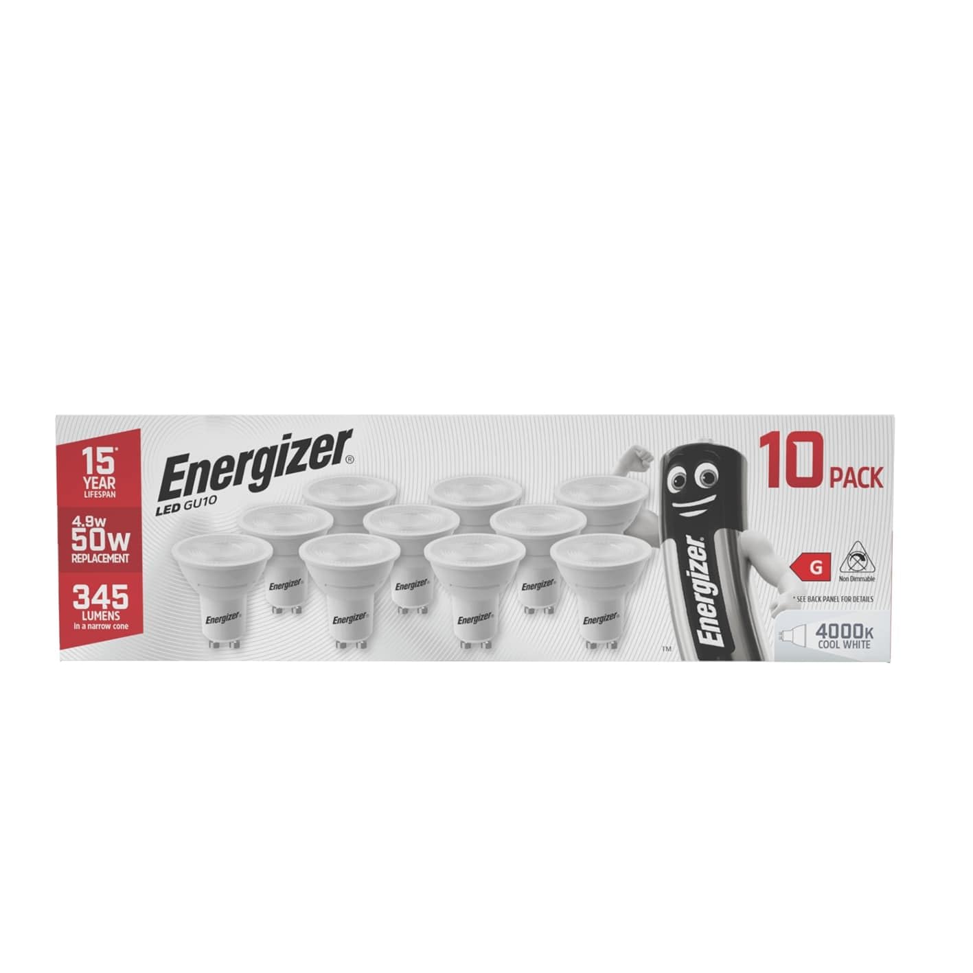 Energizer GU10 LED Bulbs Cool White. 50w Equivalent Spotlight Bulbs. 4000k - 345 Lumen. Non Dimmable - Pack of 10