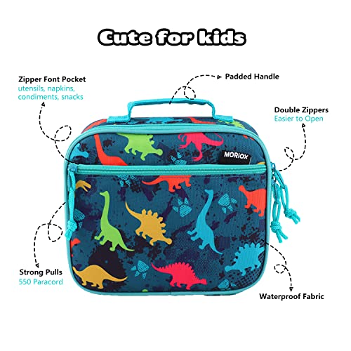 MORIOX Dino Kids Lunch Box Soft Insulated Bag Mini Cooler Back to School Daycare Dinosaur Thermal Meal Tote Kit for Boys Girls Toddlers, Blue