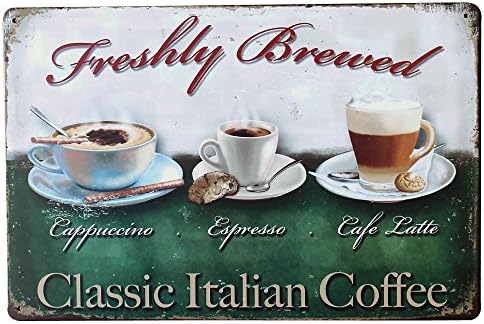 Freshly Brewed Classic Italian Coffee Sign Retro Tin Plaque Metal Painting Plate for Cafe Latte Espresso