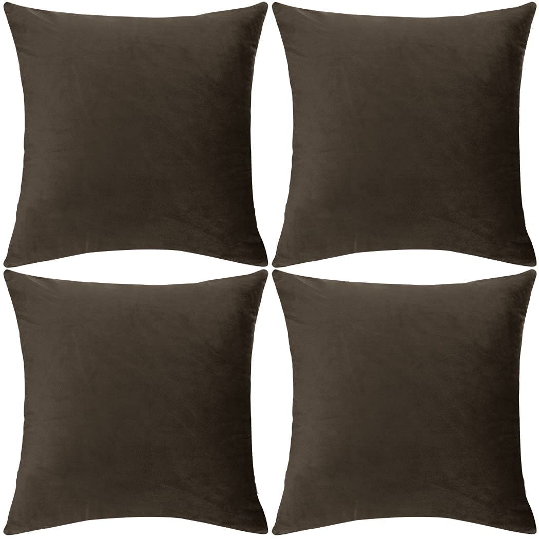 SWISSPACK 18"X 18" 4 PCS Velvet Soft Decorative Square Throw Pillow Case Cushion Covers Pillowcases for Livingroom Sofa Bedroom with Invisible Zipper 45X45 CMS BROWN