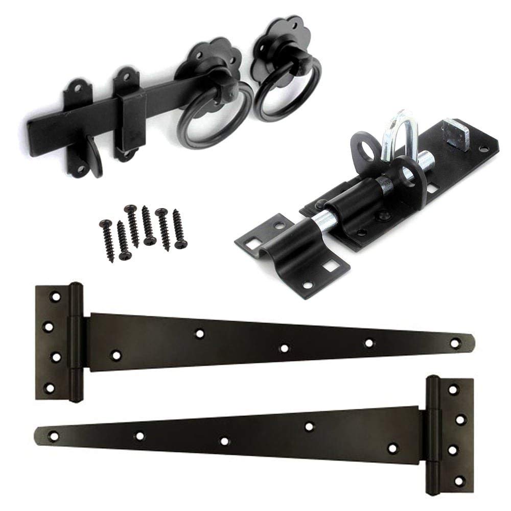 Merriway BH07085 Heavy Duty Wooden Garden Gate Hanging Kit, 2 x 18 inch Black Tee Hinges, 150mm Black Brenton Style Padbolt, 150mm Black Ring Latch & All Fixings
