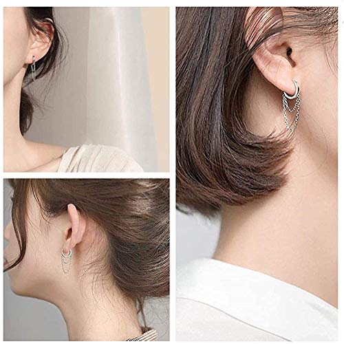 Minimalist Sterling Silver Tassel Chain Drop Dangle Small Hoop Earrings Rhinestone Crawler Earrings Long Ear Stud Climber Earrings for Women