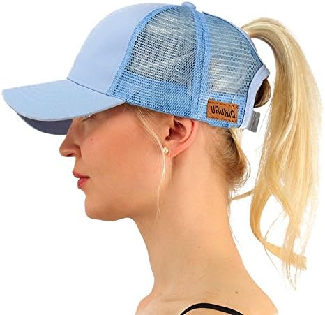 URUNIQ Ponytail Hats for Women Messy Trucker Hat Plain Ponytail Baseball Visor Cap Dad Hat Mother’s Day Gift (Blue)