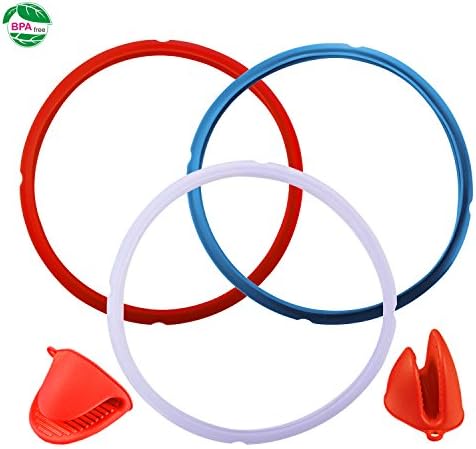 Silicone Sealing Ring for Instant Pot Accessories, Fits 5 or 6 qt Instant Pot Models Seal Lasting &amp; BPA-free Pack of 3 with 1 pair of Silicone Oven Mitts Free (Blue,Red,Clear)
