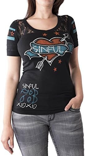 Sinful Women's Tee Shirt Short Sleeve Black Lace Angel Wings Hart Sz: Xs