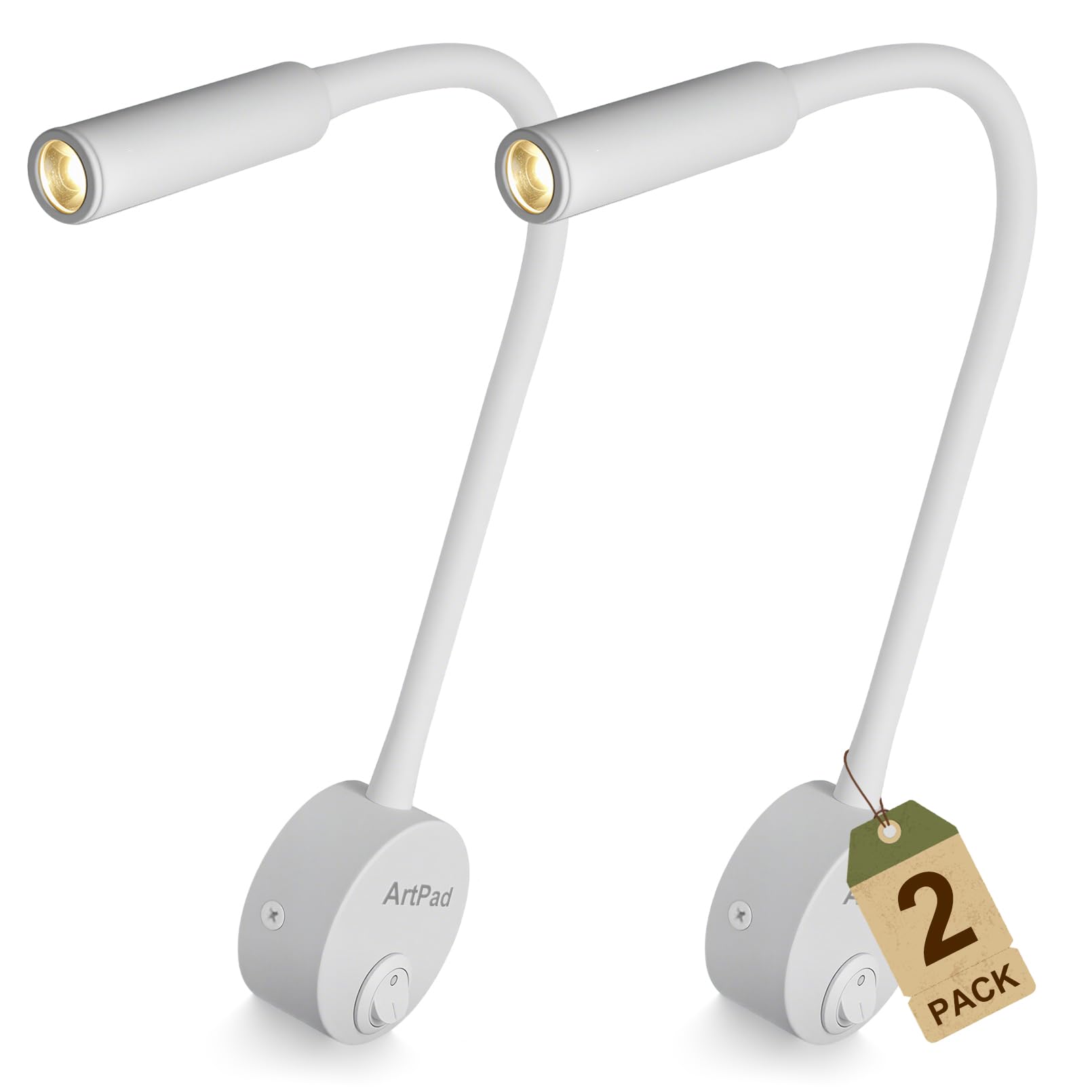 Artpad 2 Pack White Wall Spotlight, Soft Warm White Lighting Cob Bedside Bend Lamp, Minimalist Wall Surface Mounted 3W Reading Night Light with Button Switch