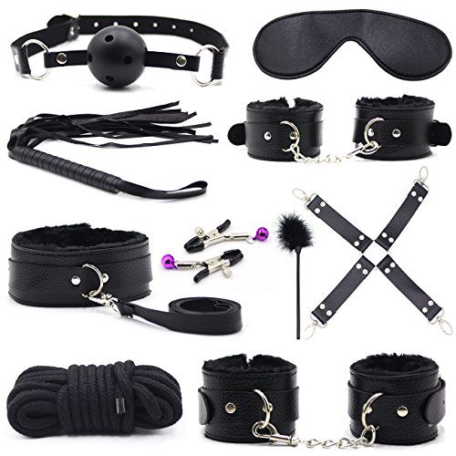 Sonrigen Bondage Restraint Kit, BDSM 10pcs Sex Toy with Adjustable Cuffs Soft Locking Collar Mouth Ball Breathe Free System Leather Hogtie for Couples