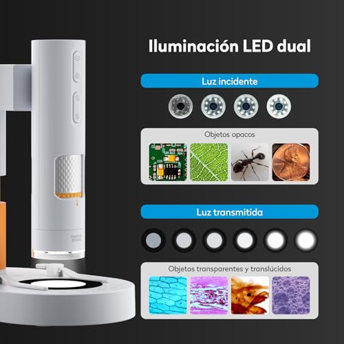 MatataStudio MX1-AS Microscopio Portátil para Niños 3.5x-1000x con Soporte Funcional, 2 LEDs, Portaobjetos, soporta Foto y Video Microscopio Digital USB Profesional para Infantil Adultos Laboratorio