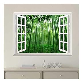 Modern White Window Looking Out Into a Green Bamboo Forest - Wall Mural, Removable Sticker, Home Decor - 24x32 inches
