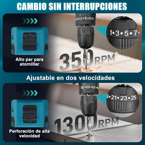 Taladro y Llave de Impacto Inalámbricos 2 en 1, Kit de Herramientas Eléctricas, Pistola de Impacto 21V 650NM, Motor Sin Escobillas, Taladro Atornillador 25+3, 2 velocidades, 29 piezas, Incluye Caja