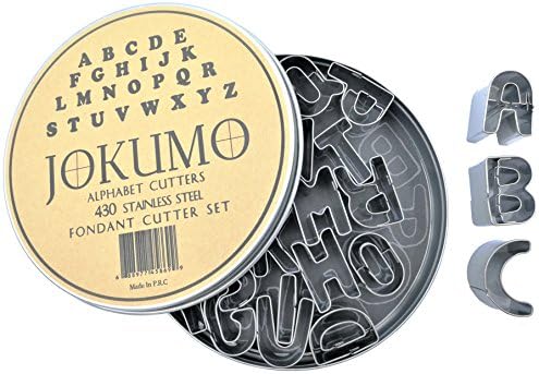 JOKUMOMini Alphabet Letters A-Z fondant cutters 26 pieces high grade 430 Stainless Steel with storage tin and shape identify template paper. Perfect for icing, fondant vegetable and fruit.
