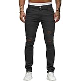 HUNGSON Men's Blue Slim Fit Jeans Stretch Destroyed Ripped Skinny Jeans Side Striped Denim Pants