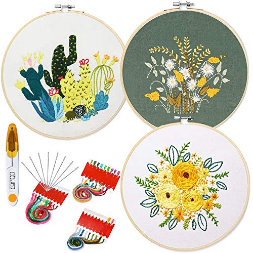 3 Pack Embroidery Starter Kit with Pattern and Instructions,Cross Stitch Set, Full Range of Stamped Embroidery Kits with 3 Embroidery Clothes with Plants Flowers Pattern, 1 Embroidery Hoops