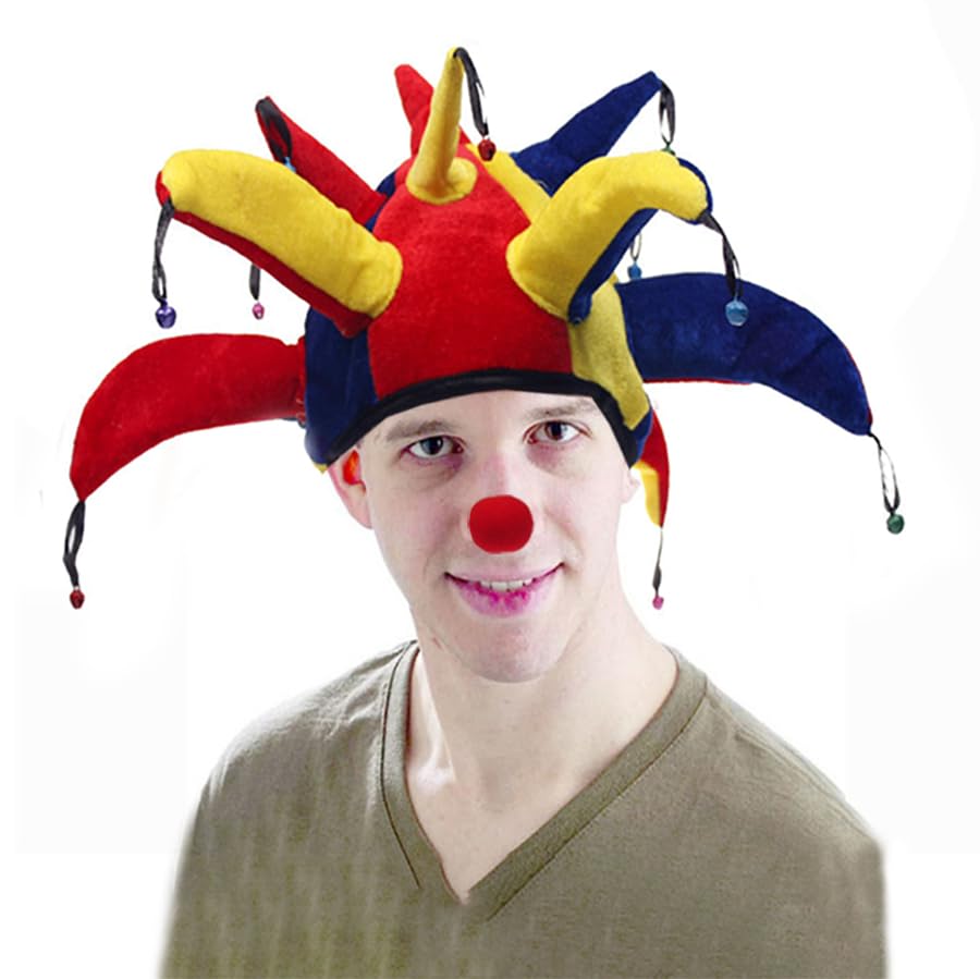 Jester Costume Clown Hat and Nose Set Funny Novelty Hat Halloween Party Fancy Dress Up Costume Pointy Joker Hat Multicolor Cosplay Hat Wacky Hat Mardi Gras Hat for Christmas Carnival Halloween