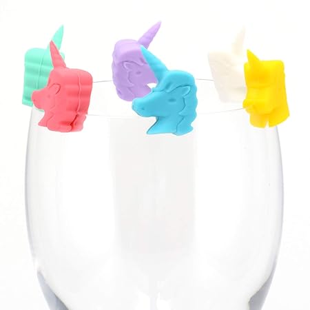 Einhorn Wein Glas Marker Silikon – von bar Amigos | 6 Stück | Mixed Farbe Set – Ideal für Partys – leicht Haftet an der Seite