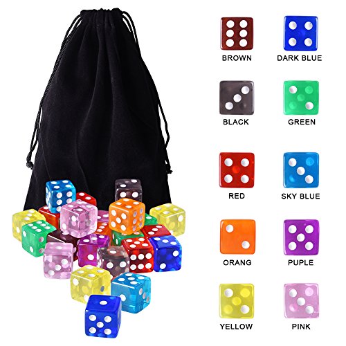 Austor 100 Pieces 6-Sided Game Dice Set (Free Pouch), 10 Translucent Colors Square Corner Dice for Tenzi, Farkle, Yahtzee, Bunco or Teaching Math