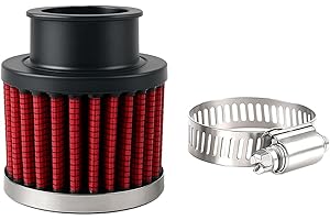 Zpana Car Air Intake Filter, 1" 25mm Inlet Valve Cold Air Intake Filter Cleaner with Adjustable Clamp, Hight Flow Performance Auto Crankcase Breather Filter Replacement, Universal Fit (Red)