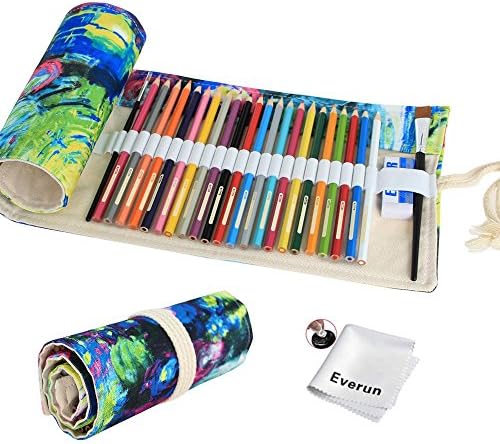 Everun Canvas 72 Holes Pencil Wrap, Travel Drawing Coloring Pencil Holder Roll Organizer for Artist, School and Office Pencils Pouch Case Hold for 72 Colored Pencils (No Pencils Included)