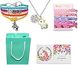 Unicorn Gifts for Girls - Unicorn Goodie Bag, Rainbow Bracelet/Hair Ties/Unicorn Necklace/Gift Card/Gift Bag