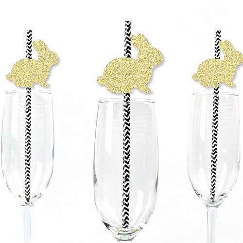 Big Dot of Happiness Gold Glitter Bunnies Party Straws - No-Mess Real Gold Glitter Cut-Outs & Decorative Easter Paper Straws - Set of 25